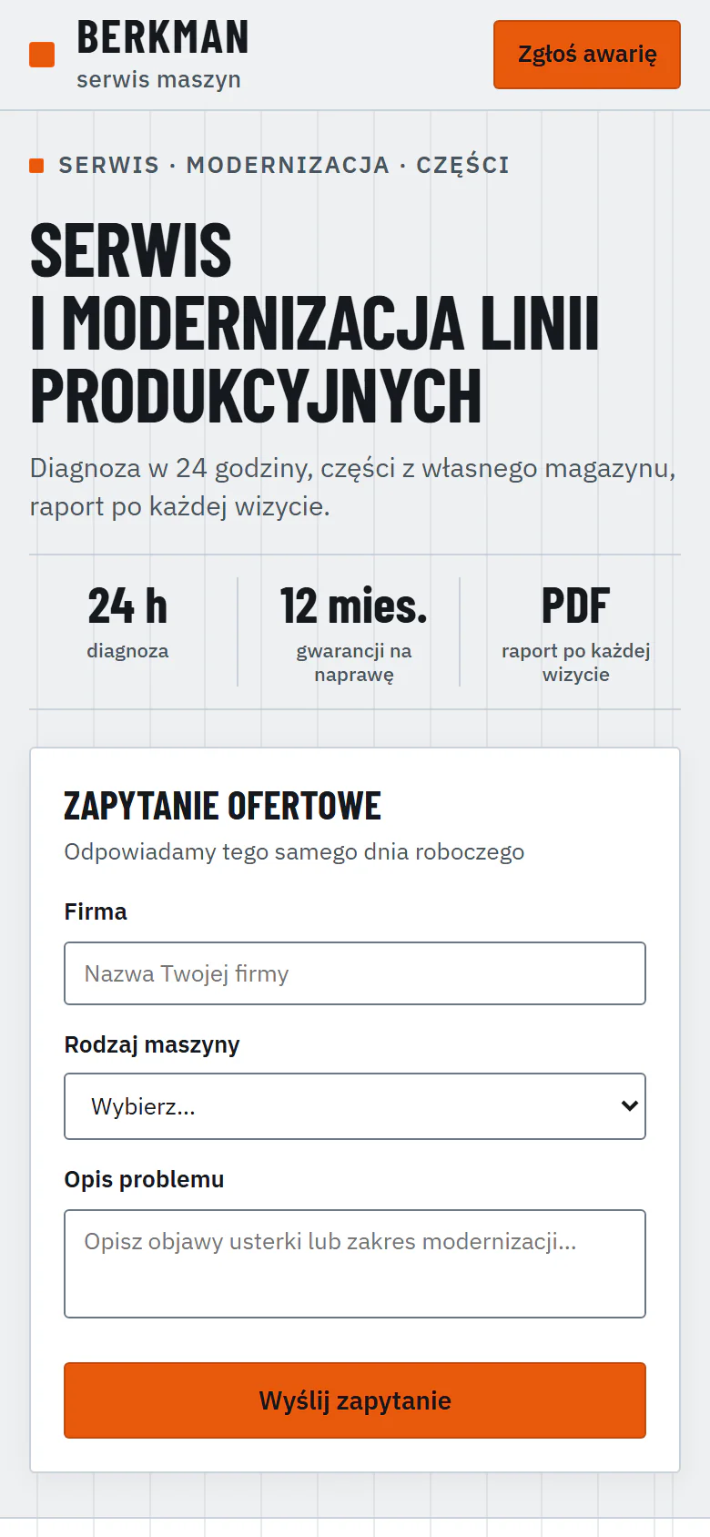 Widok mobilny koncepcji serwisu maszyn: zwarty układ formularza i natychmiastowy dostęp do telefonu alarmowego